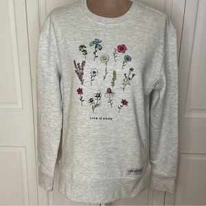 Life Is Good Women’s Crewneck Sweatshirt w/ Wild Flowers Light Grey Size Medium